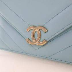 Pre Owned Chanel Chevron Flap Medium Tiffany Blue Calfskin Shoulder Bag