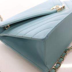 Pre Owned Chanel Chevron Flap Medium Tiffany Blue Calfskin Shoulder Bag