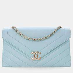 Pre Owned Chanel Chevron Flap Medium Tiffany Blue Calfskin Shoulder Bag