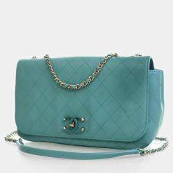 Pre Owned Chanel Stitched Covered CC Flap Medium Green Calfskin Shoulder Bag