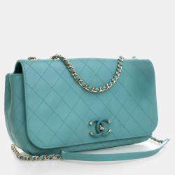 Pre Owned Chanel Stitched Covered CC Flap Medium Green Calfskin Shoulder Bag