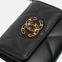 Pre Owned Chanel Black Lambskin 19 Flap Coin Purse With Chain