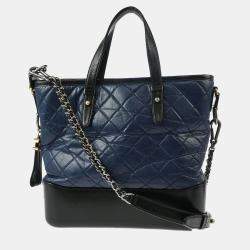 Pre Owned Chanel Gabrielle Blue Black Calfskin Tote Bag