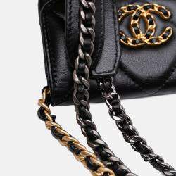 Pre Owned Chanel Black Lambskin 19 Flap Coin Purse With Chain