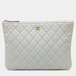 Pre Owned Chanel White Leather Caviar Clutch New Medium