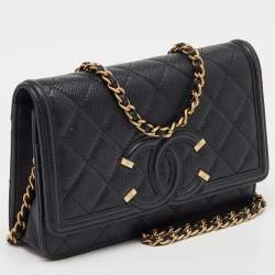 Pre Owned محفظة شانيه سلاسل بحزام سي سي جلد أكافيار مبطن أسود