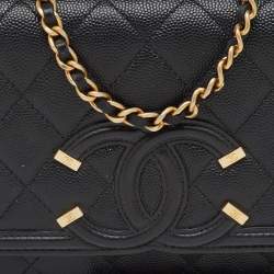 Pre Owned محفظة شانيه سلاسل بحزام سي سي جلد أكافيار مبطن أسود