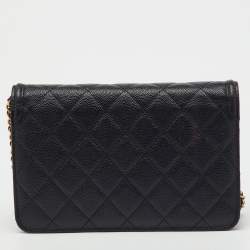 Pre Owned محفظة شانيه سلاسل بحزام سي سي جلد أكافيار مبطن أسود