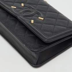 Pre Owned محفظة شانيه سلاسل بحزام سي سي جلد أكافيار مبطن أسود