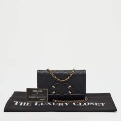 Pre Owned محفظة شانيه سلاسل بحزام سي سي جلد أكافيار مبطن أسود