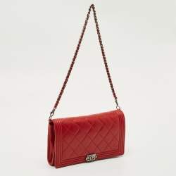 Pre Owned Chanel Red Quilted Leather Boy Flap Wallet On Chain