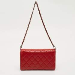 Pre Owned Chanel Red Quilted Leather Boy Flap Wallet On Chain