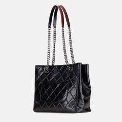 Pre Owned حقيبة يد شانيل أسود ثنائي اللون جلد عجل مبطن صغير مطلي لامع