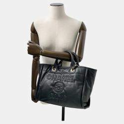 Pre Owned Chanel Deauville Small Black Lambskin Shopping Tote Bag