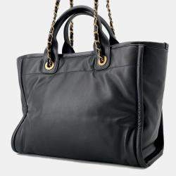 Pre Owned Chanel Deauville Small Black Lambskin Shopping Tote Bag