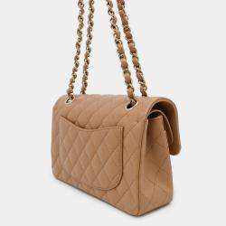 Pre Owned Chanel Classic Double Flap Small Beige Lambskin Chain Shoulder Bag