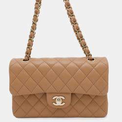 Pre Owned Chanel Classic Double Flap Small Beige Lambskin Chain Shoulder Bag