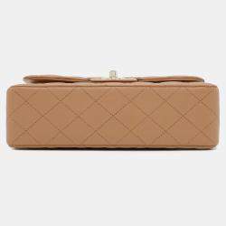 Pre Owned Chanel Classic Double Flap Small Beige Lambskin Chain Shoulder Bag