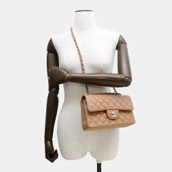 Pre Owned Chanel Classic Double Flap Small Beige Lambskin Chain Shoulder Bag