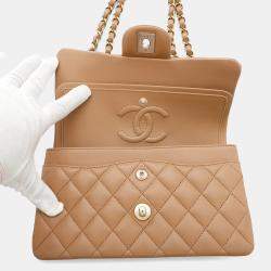 Pre Owned Chanel Classic Double Flap Small Beige Lambskin Chain Shoulder Bag
