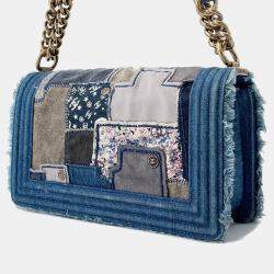 Pre Owned Chanel Boy Patchwork Blue Denim Chain Shoulder Bag