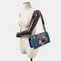 Pre Owned Chanel Boy Patchwork Blue Denim Chain Shoulder Bag