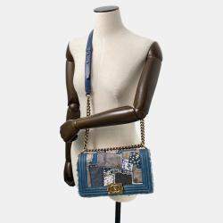 Pre Owned Chanel Boy Patchwork Blue Denim Chain Shoulder Bag