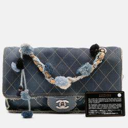 Pre Owned Chanel Blue Paris Dubai Medium Quilted Denim Pompom Flap
