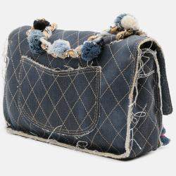 Pre Owned Chanel Blue Paris Dubai Medium Quilted Denim Pompom Flap