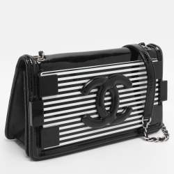 Pre Owned Chanel Black/White Stripe Plexiglass And Patent Leather East/West Boy Brick Flap Bag