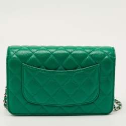 Pre Owned Chanel Green Quilted Caviar Leather Classic Wallet on Chain