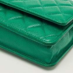 Pre Owned Chanel Green Quilted Caviar Leather Classic Wallet on Chain