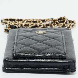 Pre Owned Chanel Black Quilted Caviar Leather Phone Holder Crossbody Bag