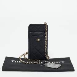 Pre Owned Chanel Black Quilted Caviar Leather Phone Holder Crossbody Bag