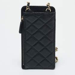 Pre Owned Chanel Black Quilted Caviar Leather Phone Holder Crossbody Bag