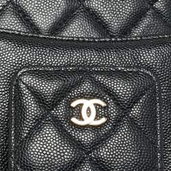 Pre Owned Chanel Black Quilted Caviar Leather Phone Holder Crossbody Bag