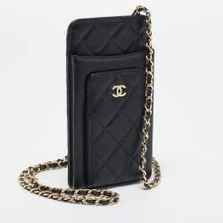 Pre Owned Chanel Black Quilted Caviar Leather Phone Holder Crossbody Bag