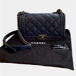 Pre Owned Chanel Boy Medium Navy Blue Leather Shoulder Bag