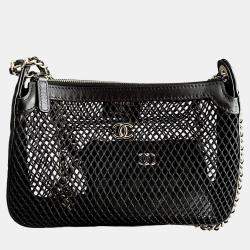 Pre Owned Chanel Mesh Black Shiny Lambskin Clutch with Chain
