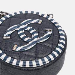Pre Owned Chanel Blue Caviar Striped CC Filigree Round Crossbody