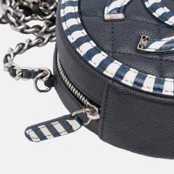 Pre Owned Chanel Blue Caviar Striped CC Filigree Round Crossbody