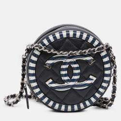 Pre Owned Chanel Blue Caviar Striped CC Filigree Round Crossbody