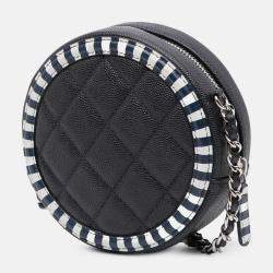 Pre Owned Chanel Blue Caviar Striped CC Filigree Round Crossbody