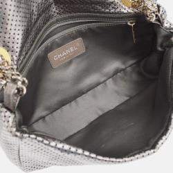 Pre Owned Chanel Silver Perforated Mademoiselle Lock Single Flap Shoulder Bag