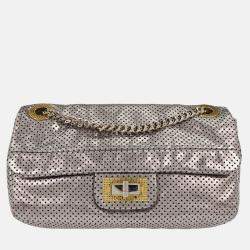 Pre Owned Chanel Silver Perforated Mademoiselle Lock Single Flap Shoulder Bag