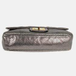 Pre Owned Chanel Silver Perforated Mademoiselle Lock Single Flap Shoulder Bag