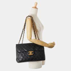 Pre Owned Chanel Coco Mark Deca Matelasse 34 Black Leather Chain Shoulder Bag