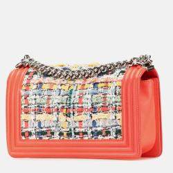 Pre Owned Chanel Coco Mark Boy 25 Shoulder Bag In Orange Multicolored Tweed And Lambskin