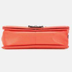 Pre Owned Chanel Coco Mark Boy 25 Shoulder Bag In Orange Multicolored Tweed And Lambskin