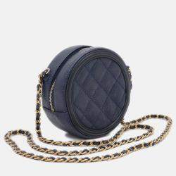 Pre Owned Chanel Cc Filigree Round Chain Shoulder Bag Caviar Navy